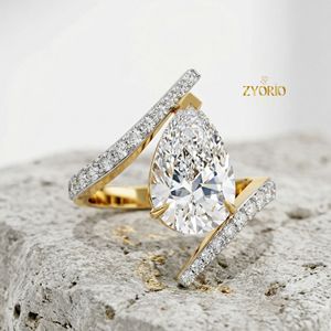 แหวนหมั้นทองคำแท้ 14K ประดับเพชรโมอิสซาไนต์ทรงลูกแพร์ ดีไซน์เปิดวง แหวนแต่งงานหรูหราประดับเพชร เครื่องประดับชั้นดี - Product Image 1