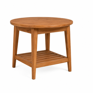 Table à manger ronde en teck avec étagère à lattes, design scandinave moderne, écologique, durable, stable, meubles pour la maison, pour une utilisation scolaire - Product Image 1