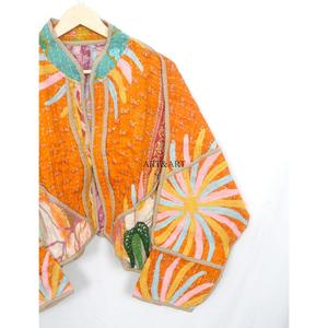 Vintage Quilted Kantha <b>Jackets</b> 100% Cotton Eco-Friendly Reversible Quick Dry Mandarin Collar Customizable Open Closure Detail - Product Image 3