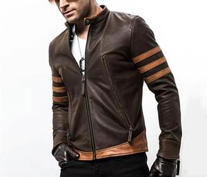 Men's Brown Genuine Leather Windproof Front Logo Moto <b>Jacket</b> Stand Collar Zipper Closure <b>Slim</b> <b>Fit</b> Winter Regular Length - Product Image 1
