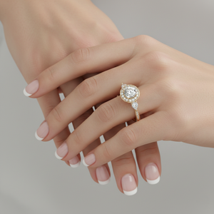 Anillo de compromiso de oro de 14K con diamante redondo cultivado en laboratorio y halo, anillo nupcial con piedra lateral en forma de pera, proveedor. - Product Image 5