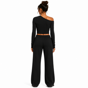 Ensemble de yoga pour femme, haut court à épaules dénudées et pantalon large, tenue de sport, ensemble fitness 2 pièces, survêtement d'entraînement, logo personnalisé - Product Image 2