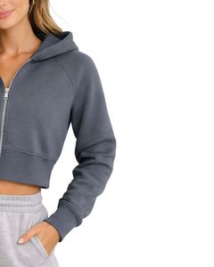 Sudadera con capucha corta para mujer, color gris carbón, de algodón y forro polar, corte ajustado, estilo casual, ligera, para mujer - Product Image 3