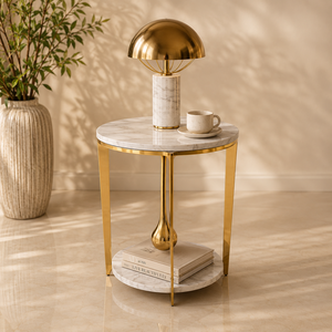 Modern Marble Top <b>Side</b> <b>Table</b> with Gold Metal Frame and <b>Storage</b> Shelf for Living Room Furniture - Product Image 1