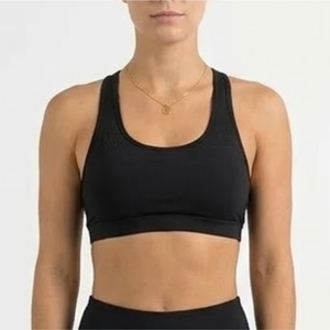Women's Black Racerback Sports <b>Bra</b> Medium Support Front Logo Yoga Workout Premium Quality <b>Stretch</b> Fabric Spandex/Nylon - Product Image 3