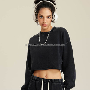 Sudaderas con capucha recortadas personalizadas dobladillo crudo mujer algodón en blanco francés Terry pulóver de gran tamaño lavado ácido mujeres Puff estampado Crop Top sudaderas con capucha - Product Image 3