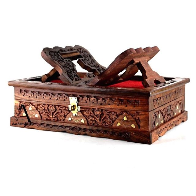 Handcrafted Foldable Wooden Holy Book Holder with Carved Design and Storage Box for Religious Reading and Display