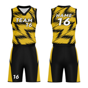 Ensemble de maillots de basket personnalisés Team 16 Jaune Noir Sublimé Col en V Sans Manches Anti-Transpiration Uniforme Athlétique Adultes Unisexe - Product Image 1