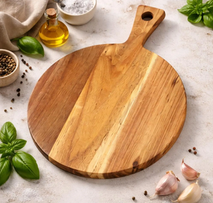 Tabla de cortar redonda de bambú creativa, tamaño y color personalizables, duradera con mango de madera, ecológica, apta para lavavajillas, 1.5 cm de grosor. - Product Image 1