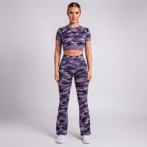 Camo Printed <b>Women</b> Crop Top Yoga Set 100% Polyester Ladies Gym Fitness Short Sleeve Top <b>Flare</b> <b>Leggings</b> 2 Piece Yoga Wear Set - Product Image 1
