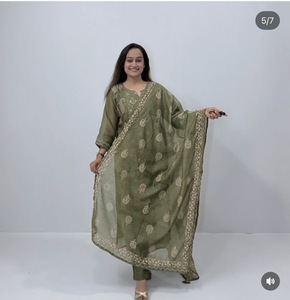 Women's Olive Green Solid Embroidered 2-Piece Loose Fit Long Kurta Dupatta Casual Wear Full Length <b>Linen</b> - Product Image 3