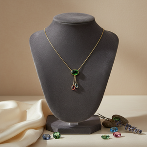 Collier multi-pierres précieuses |   Collier artisanal plaqué or avec quartz émeraude, topaze rose fuchsia et bleue, taille damier, serti clos - Product Image 1