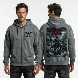 Custom Full Zip Up Hoodie Men Vintage Wash Streetwear Fleece <b>Jacket</b> <b>Gothic</b> Sea Captain Graphic Print Heavyweight Hooded Apparel - Product Image 1