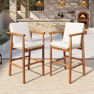 Tabourets de bar modernes en bois d'acacia pour patio, ensemble de 2 chaises de comptoir d'extérieur confortables avec dossier et accoudoirs, assise en toile, durables et élégants - Product Image 1