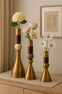 <b>Set</b> Of <b>3</b> Modern Gold Finished Metal <b>Vase</b> With Wooden Beads Design Decorative Table <b>Vases</b> Ideal For Home Living Room Decor - Product Image 2