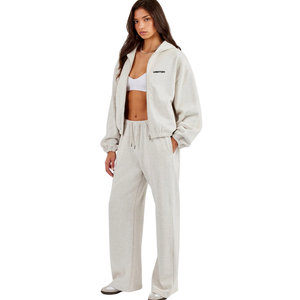 Women's Cropped Full Zip Hooded Tracksuit Set Fitted <b>Long</b> <b>Sleeve</b> <b>Top</b> Straight Leg Trousers Elastic Waist Two Piece Casual Outfit - Product Image 4