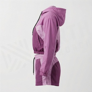 <b>Women's</b> Color Blocked Hooded Sporty 2 Piece Shorts <b>Set</b> Full Sleeve Breathable Polyester Above Knee Regular Fit Spring Summer - Product Image 3