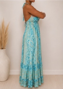Women's Sky Blue Paisley Print <b>Boho</b> V-neck Elastic Waist Fit Flare Maxi <b>Dress</b> Woven Silk Regular Fit <b>Summer</b> Casual Wear - Product Image 3