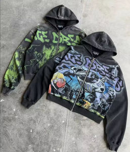 Sudadera con capucha oversize para hombre, estilo streetwear, con acabado acid wash, diseño gráfico impreso, cierre de cremallera personalizado, algodón grueso, moda urbana. - Product Image 2