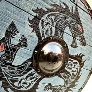 Bouclier Viking en acier au carbone de qualité DIY, motif Dragon Noir, avec poignée en bois et pointes centrales, personnalisable, par Ahmad Fabric Blue Plywood - Product Image 2