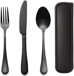 Ensemble de couverts en acier inoxydable noir avec cuillère, fourchette et couteau dans un étui de voyage, design minimaliste, léger, manche long, finition miroir - Product Image 3