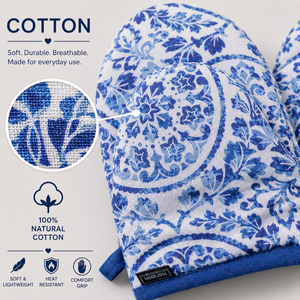 Blue Floral Mini Oven Mitts Set 12x14 cm | Heat Resistant Cotton Kitchen Gloves <b>Pot</b> <b>Holders</b> for Baking Cooking BBQ Microwave Use - Product Image 2