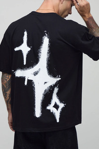 T-shirt noir surdimensionné pour homme avec imprimé géométrique blanc au dos, style streetwear, manches courtes, col rond, jersey de coton, coupe ajustée - Product Image 3