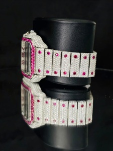 Nouvelle conception, montre mécanique de luxe faite à la main en acier inoxydable, boîtier carré, verre saphir, analogique, bouton poussoir, fermoir caché, moissanite rose - Product Image 3