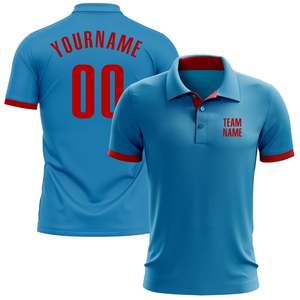 เสื้อโปโลผู้ชายสีน้ำเงินแบบกำหนดเอง แขนสั้น ผ้าถักโพลีเอสเตอร์ ระบายอากาศได้ดี พิมพ์ชื่อทีมด้านหน้า ชื่อของคุณ 00 ด้านหลัง - Product Image 1