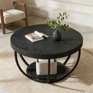 Tavolino da Caffè Rotondo in Legno a Doppio Ripiano, a Forma di Ciotola, con Funzionalità da Tavolino da Tè - Product Image 4