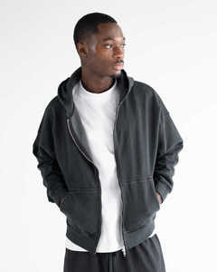 <b>Mens</b> Vintage Washed Black Full Zip Hoodie Plain Solid Color Heavyweight Sweatshirt Jacket Split Kangaroo Pocket Casual - Product Image 3