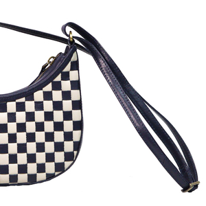 Handwoven 100% genuine leather hobo style mini sling <b>bag</b> designed with classic checkerboard pattern in black and white color - Product Image 3