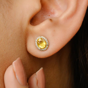 18K Yellow Gold Sapphire Halo Diamond Stud Earrings for Daughter - Product Image 1