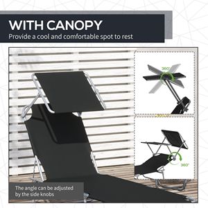 Outdoor <b>Pool</b> Folding <b>Tanning</b> Lounge Chair with Sun Shade Black Olefin Cushion & Aluminum Frame for Poolside Use - Product Image 6