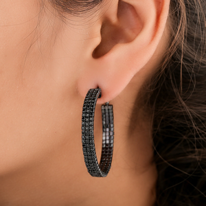 Boucles d'oreilles créoles tendance noires plaquées or avec cristaux de strass sertis pour femme, bijoux de soirée - Product Image 4