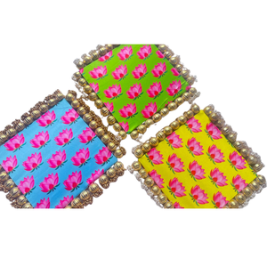 Handmade Lotus Print Fabric Mats - <b>Set</b> of 3 Traditional Beaded Pooja Aasan for Home Decor & Festivals - Product Image 1