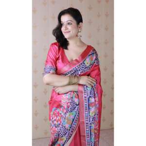 Sari en soie Tussar rose avec bordure tissée Zari à motifs floraux, robes de soirée élégantes, tissages d'élite à partir de 500g - Product Image 4