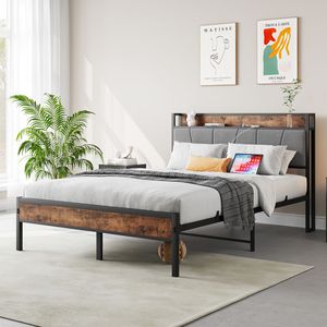 Letto Matrimoniale Solido e Stabile con Testiera Contenitore, Stazione di Ricarica, Facile Montaggio, Senza Box Spring, Imbottito, Silenzioso - Product Image 2