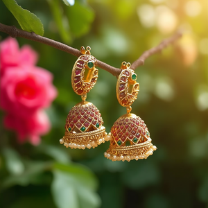 Peacock Pearl Gold Plated Stud Jhumkis-Ethnic Vintage Tassel Earrings for Wedding and Party - Product Image 3