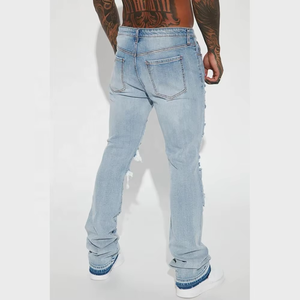 Jeans déchirés bleus pour hommes, design américain tendance, logo personnalisé OEM, haute qualité, 100% coton, pantalon en denim pour hommes - Product Image 4