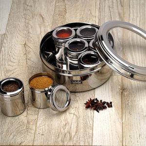 Estante para Especias de Acero Inoxidable de 9 Compartimentos, Moderno Organizador de Cocina Dabba Masala Dani con Tapa de Vidrio, Apto para Lavavajillas - Product Image 5