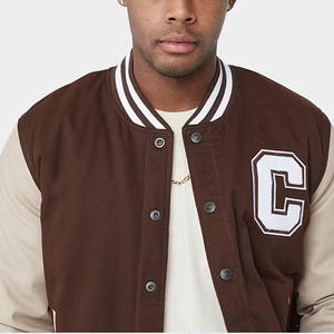 Custom Logo Men Vintage Varsity Jacket <b>Brown</b> <b>Fleece</b> Contrast Sleeve Letterman Baseball Bomber Jacket with Towel Letter Patch - Product Image 3