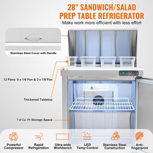 Frigorifero Commerciale in Acciaio Inossidabile da 28 Pollici, 7.4 Cu. Ft. Tavolo per Preparazione Insalate da 12 Posti, Stazione di Preparazione Alimenti, Attrezzatura da Cucina - Product Image 2