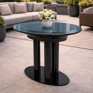 Mesa Auxiliar Redonda Contemporánea con Acabado Negro Brillante, Superficie Metálica y Base de Soporte de Doble Columna, Muebles para Sala de Estar - Product Image 5