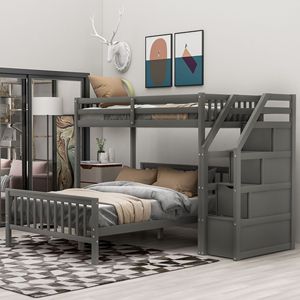 Letto a soppalco grigio con letto singolo sopra e letto matrimoniale, con scala, mobili per bambini - Product Image 2