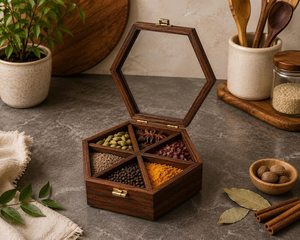 Handmade Wooden <b>Spice</b> <b>Box</b> | Hexagonal Ancient Neem Wood Masala Organizer | Artisan <b>Spice</b> Tray | Eco Friendly Kitchen Gift - Product Image 2