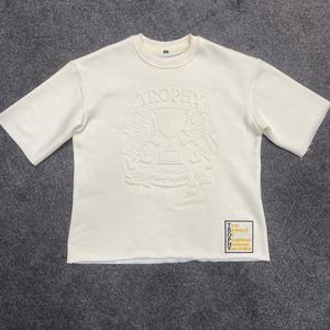 Cream Embossed <b>Logo</b> Men T Shirt Oversized Knitted Short Sleeve Crew Neck Printed Tee Casual Streetwear - Product Image 1