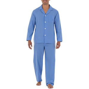 <b>Men's</b> Blue Long Sleeve <b>Pajama</b> <b>Set</b> 100% Cotton Knitted Solid Color Casual Sleepwear with Pocket Autumn Wear - Product Image 1