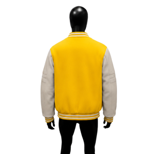 PREMIUM YELLOW LETTERMAN VARSITY <b>JACKET</b> FOR <b>MEN</b> With Beige Sleeves And <b>White</b> Trim Casual Autumn Wear STYLISH COLLEGE DAILY WEAR - Product Image 2