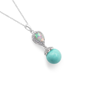 New 925 Sterling Silver <b>Opal</b> & Turquoise Stone Fine Pendant <b>Necklace</b> Rhodium Plated Women's Classic Drop Style Box Chain Jewelry - Product Image 3